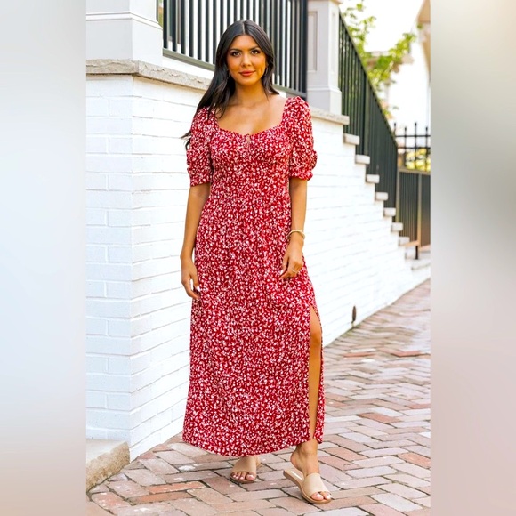 Wine Floral Print Smocked Maxi Dress - Picture 8 of 12